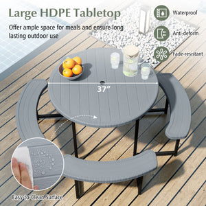 Round Picnic Table Bench Set with 4 Benches and Umbrella Hole for Patio Lawn-Green