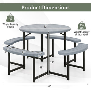 Round Picnic Table Bench Set with 4 Benches and Umbrella Hole for Patio Lawn-Gray