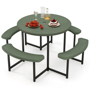 Round Picnic Table Bench Set with 4 Benches and Umbrella Hole for Patio Lawn-Green