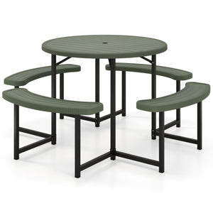 Round Picnic Table Bench Set with 4 Benches and Umbrella Hole for Patio Lawn-Green