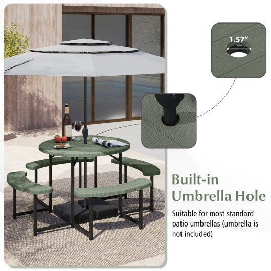 Round Picnic Table Bench Set with 4 Benches and Umbrella Hole for Patio Lawn-Green