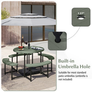 Round Picnic Table Bench Set with 4 Benches and Umbrella Hole for Patio Lawn-Green