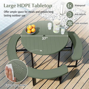 Round Picnic Table Bench Set with 4 Benches and Umbrella Hole for Patio Lawn-White