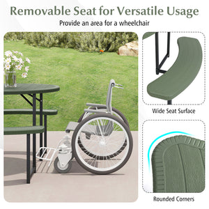 Round Picnic Table Bench Set with 4 Benches and Umbrella Hole for Patio Lawn-Green