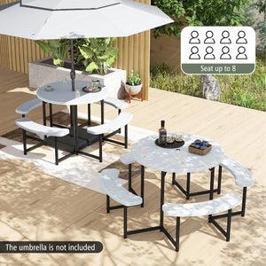 Round Picnic Table Bench Set with 4 Benches and Umbrella Hole for Patio Lawn-White