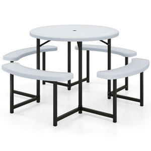 Round Picnic Table Bench Set with 4 Benches and Umbrella Hole for Patio Lawn-White