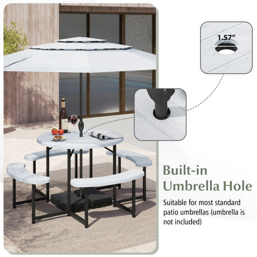 Round Picnic Table Bench Set with 4 Benches and Umbrella Hole for Patio Lawn-White