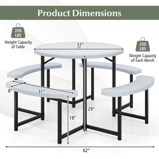 Round Picnic Table Bench Set with 4 Benches and Umbrella Hole for Patio Lawn-White