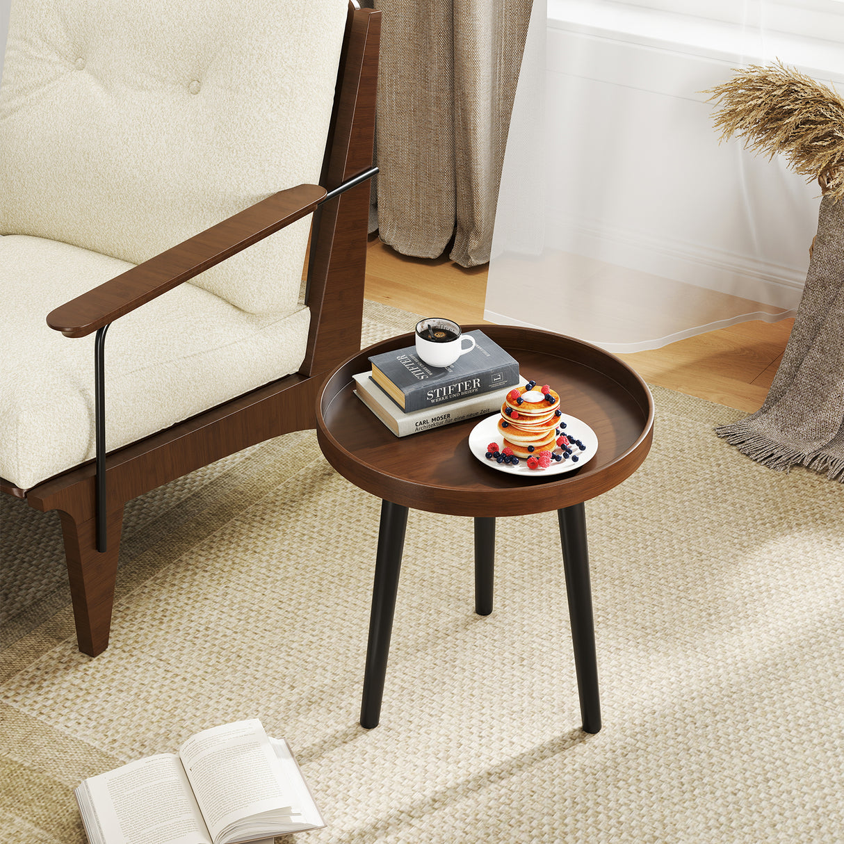 Mid Century Modern Round Side Sofa Coffee Table with Wooden Tray-Brown