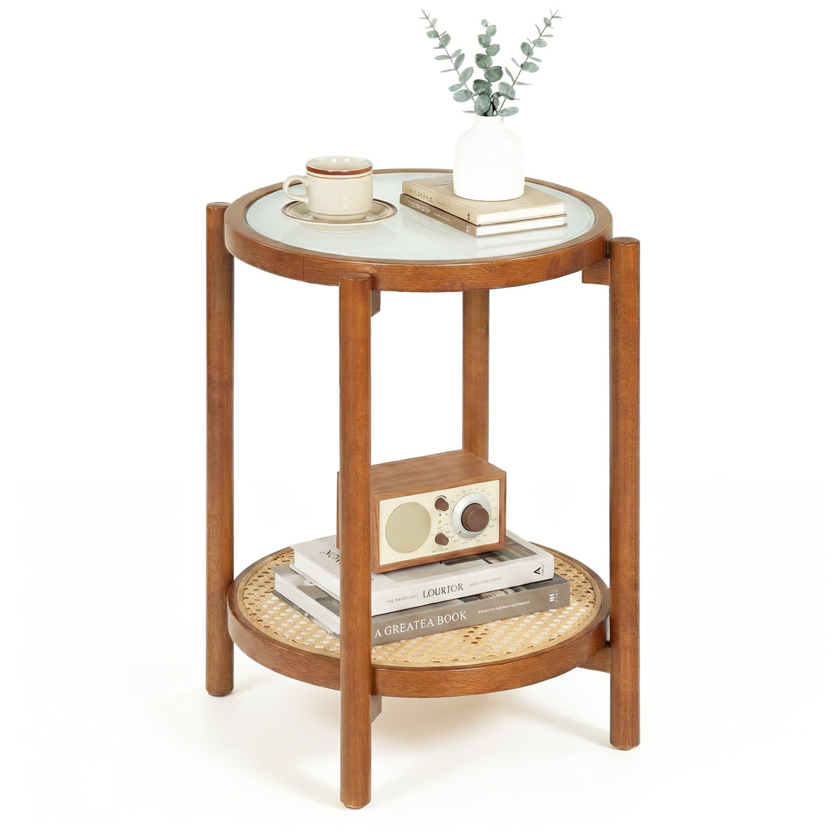 Round Side Table 2-Tier Boho End Table with Tempered Glass Top-Walnut