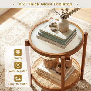 Round Side Table 2-Tier Boho End Table with Tempered Glass Top-Walnut