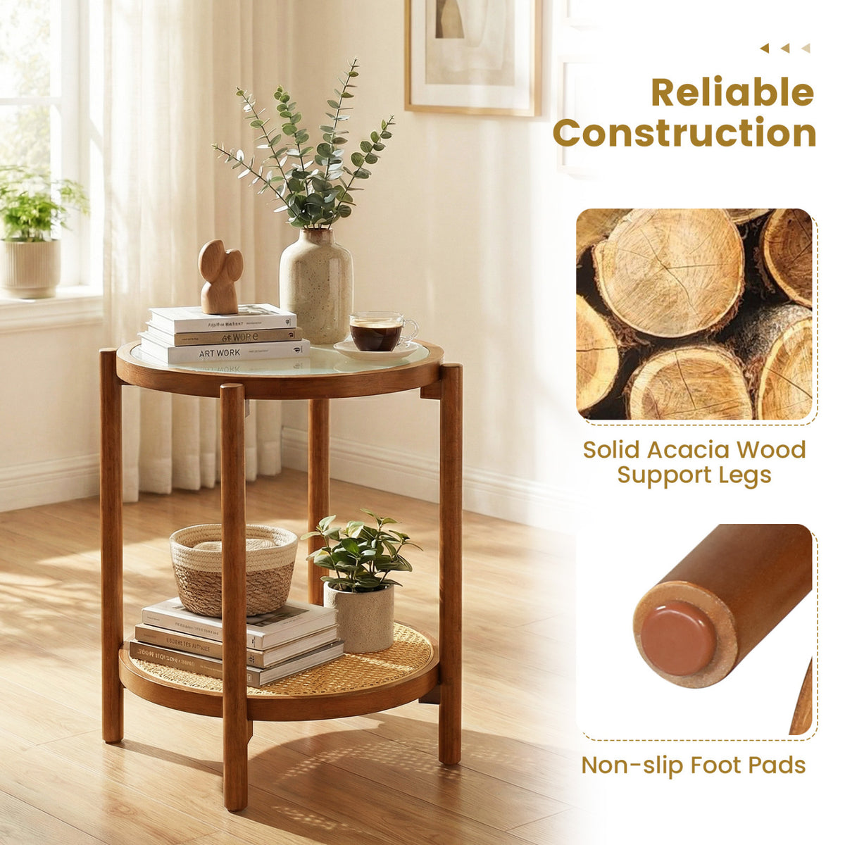 Round Side Table 2-Tier Boho End Table with Tempered Glass Top-Walnut