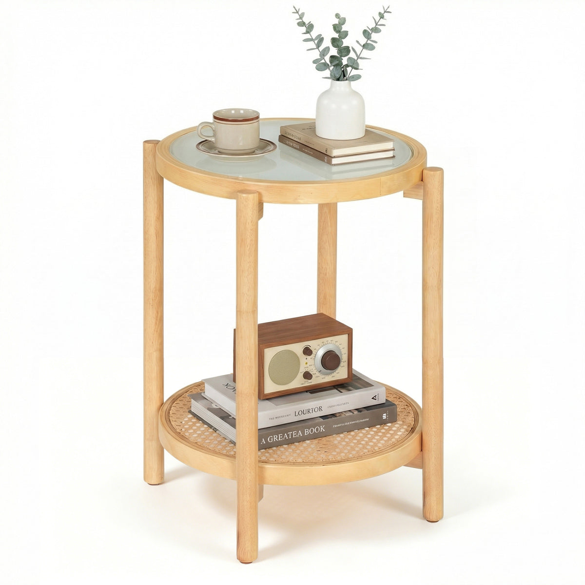 Round Side Table 2-Tier Boho End Table with Tempered Glass Top-Natural