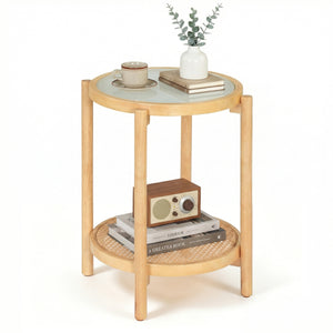 Round Side Table 2-Tier Boho End Table with Tempered Glass Top-Natural