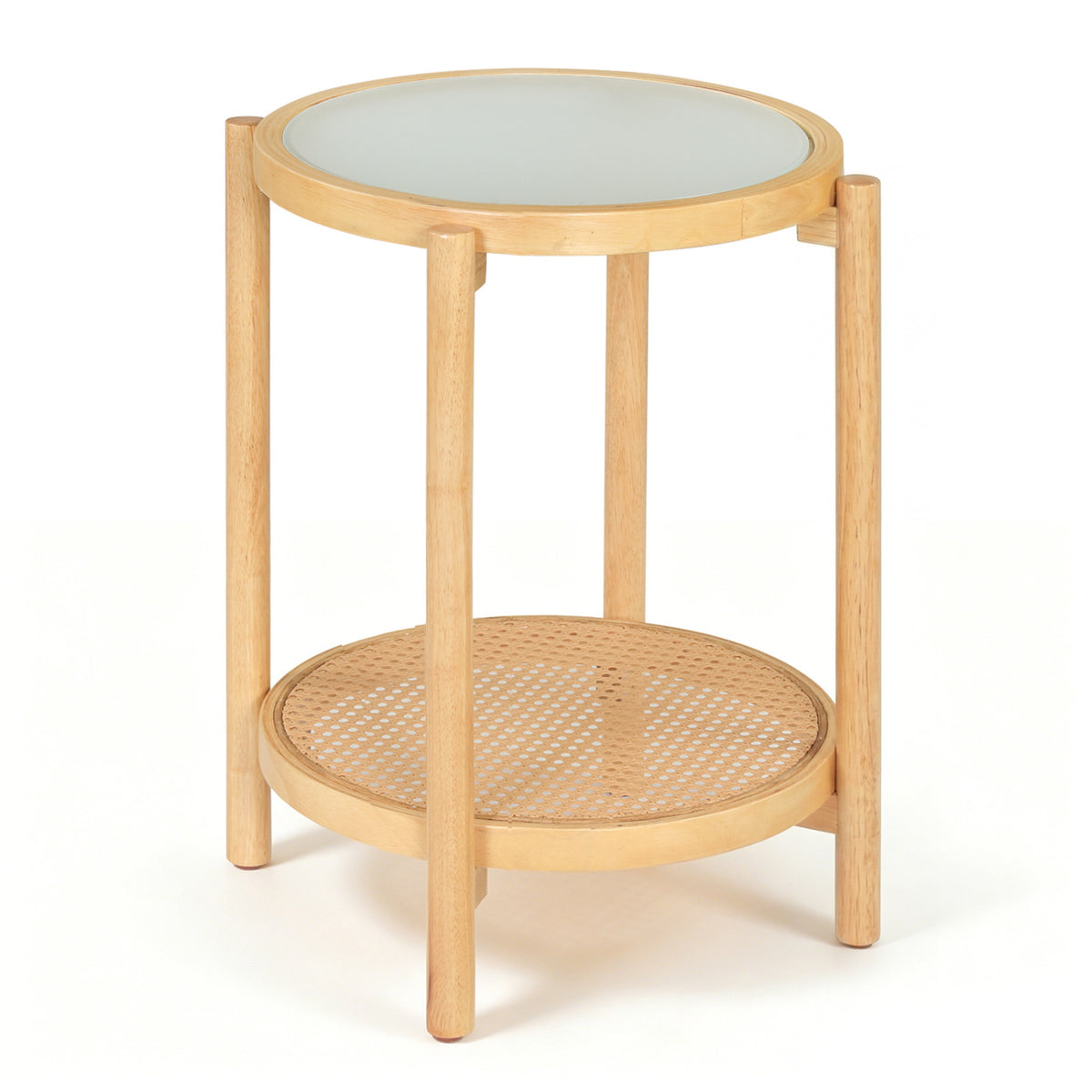 Round Side Table 2-Tier Boho End Table with Tempered Glass Top-Natural