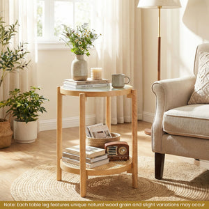Round Side Table 2-Tier Boho End Table with Tempered Glass Top-Natural