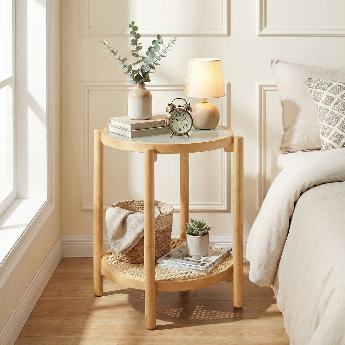 Round Side Table 2-Tier Boho End Table with Tempered Glass Top-Natural