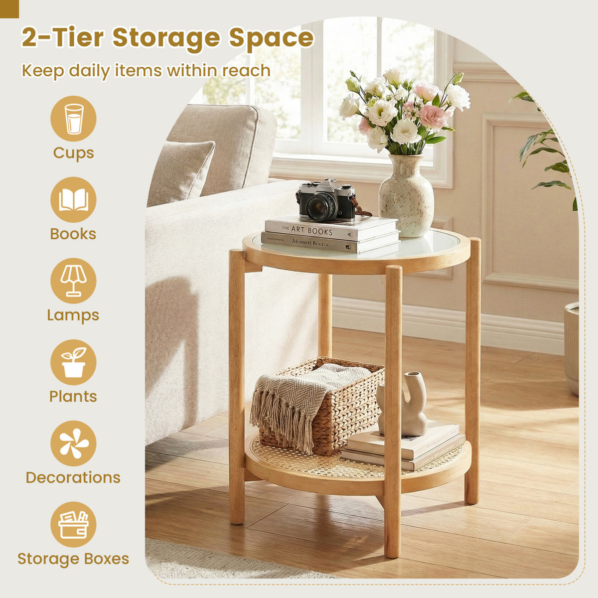 Round Side Table 2-Tier Boho End Table with Tempered Glass Top-Natural