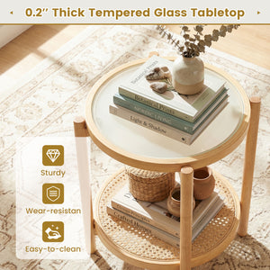 Round Side Table 2-Tier Boho End Table with Tempered Glass Top-Natural