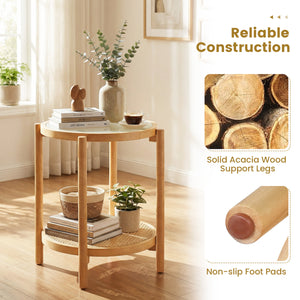 Round Side Table 2-Tier Boho End Table with Tempered Glass Top-Natural