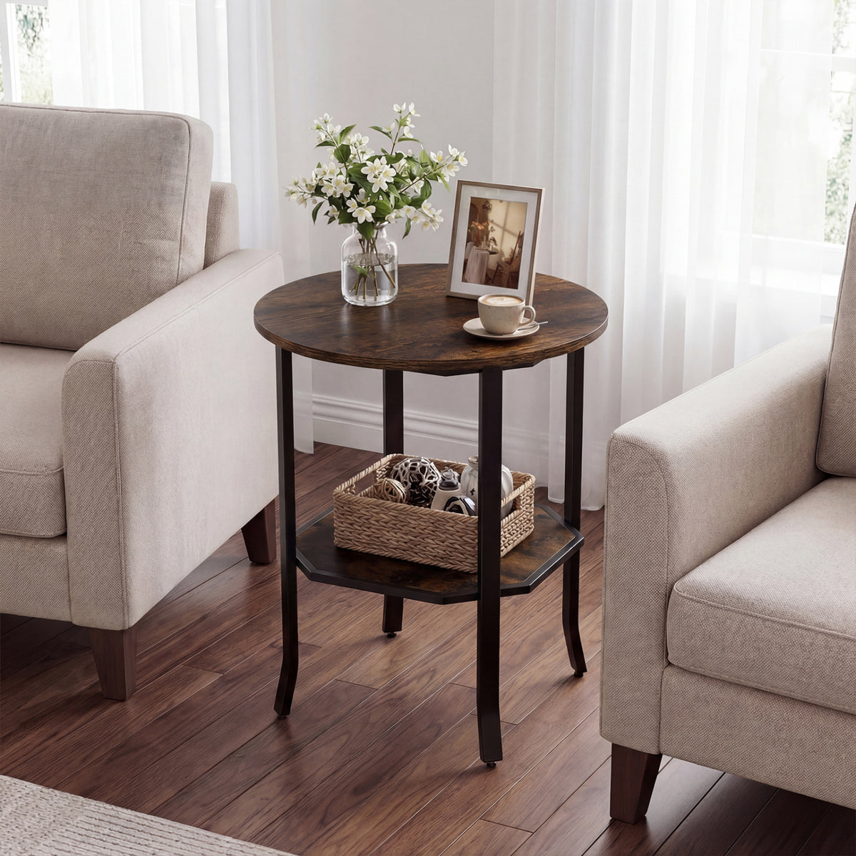 Round Side Table Small End Table with Storage Shelf 2-Tier Nightstand for Small Space-Rustic Brown