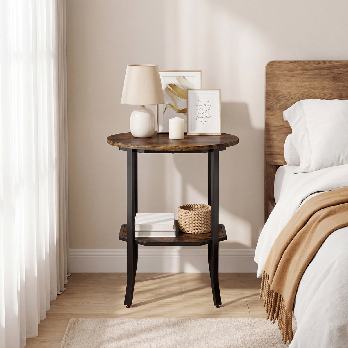 Round Side Table Small End Table with Storage Shelf 2-Tier Nightstand for Small Space-Rustic Brown