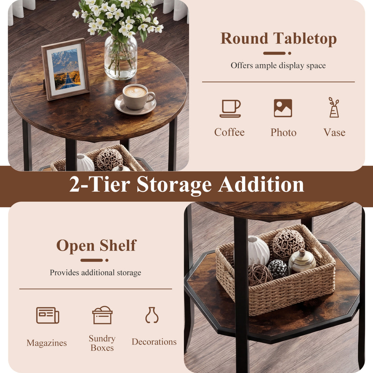 Round Side Table Small End Table with Storage Shelf 2-Tier Nightstand for Small Space-Rustic Brown