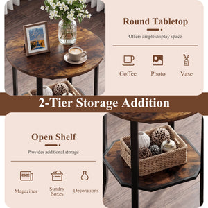 Round Side Table Small End Table with Storage Shelf 2-Tier Nightstand for Small Space-Rustic Brown