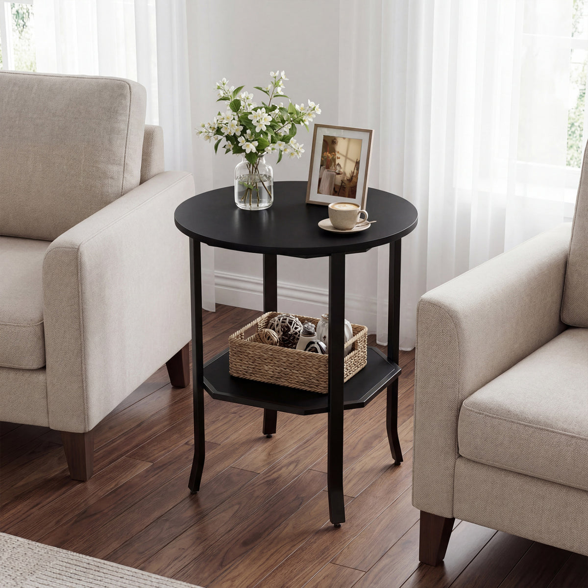 Round Side Table Small End Table with Storage Shelf 2-Tier Nightstand for Small Space-Black