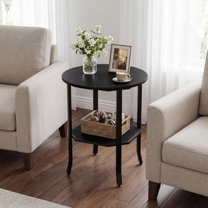 Round Side Table Small End Table with Storage Shelf 2-Tier Nightstand for Small Space-Black