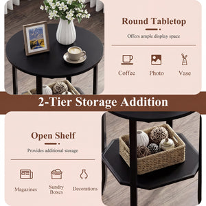 Round Side Table Small End Table with Storage Shelf 2-Tier Nightstand for Small Space-Black