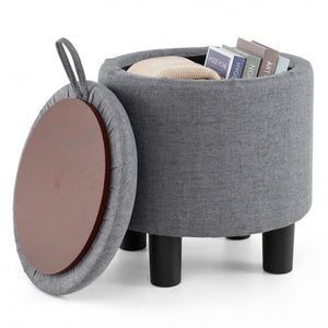 Round Storage Ottoman Linen Fabric Upholstered Footrest Stool-Gray