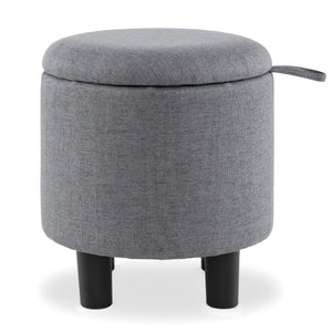 Round Storage Ottoman Linen Fabric Upholstered Footrest Stool-Gray