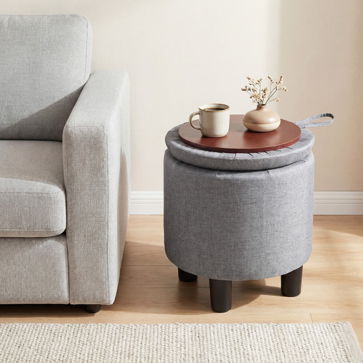 Round Storage Ottoman Linen Fabric Upholstered Footrest Stool-Gray