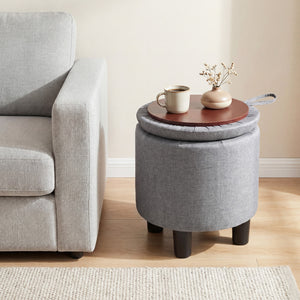 Round Storage Ottoman Linen Fabric Upholstered Footrest Stool-Gray