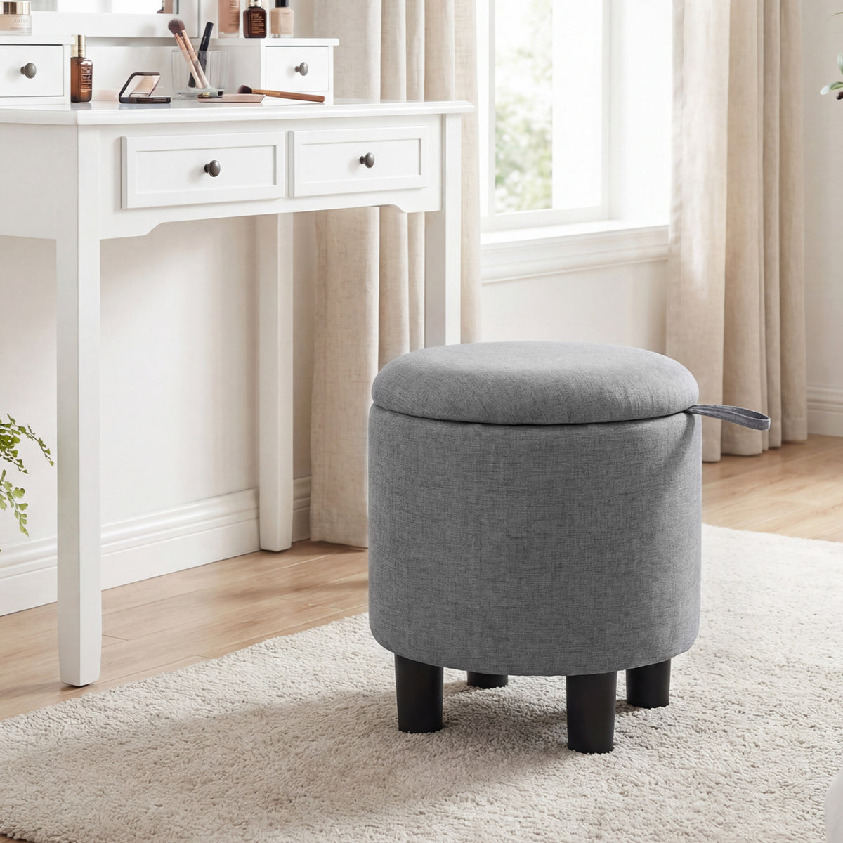 Round Storage Ottoman Linen Fabric Upholstered Footrest Stool-Gray