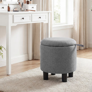 Round Storage Ottoman Linen Fabric Upholstered Footrest Stool-Gray