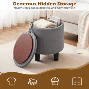 Round Storage Ottoman Linen Fabric Upholstered Footrest Stool-Gray