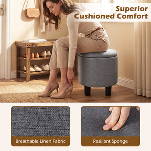 Round Storage Ottoman Linen Fabric Upholstered Footrest Stool-Gray