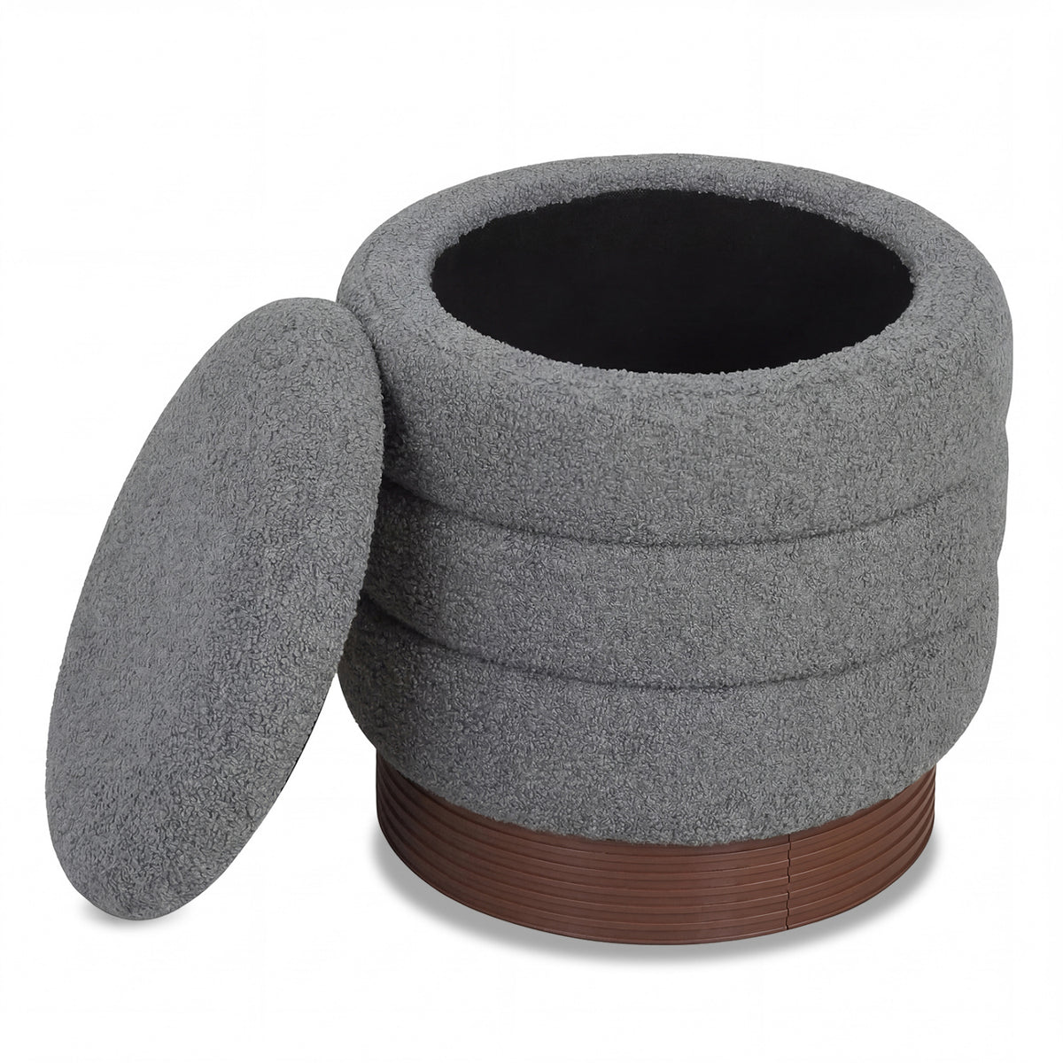 Round Storage Ottoman with Acacia Wood Frame for Living Room-Gray