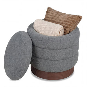 Round Storage Ottoman with Acacia Wood Frame for Living Room-Gray