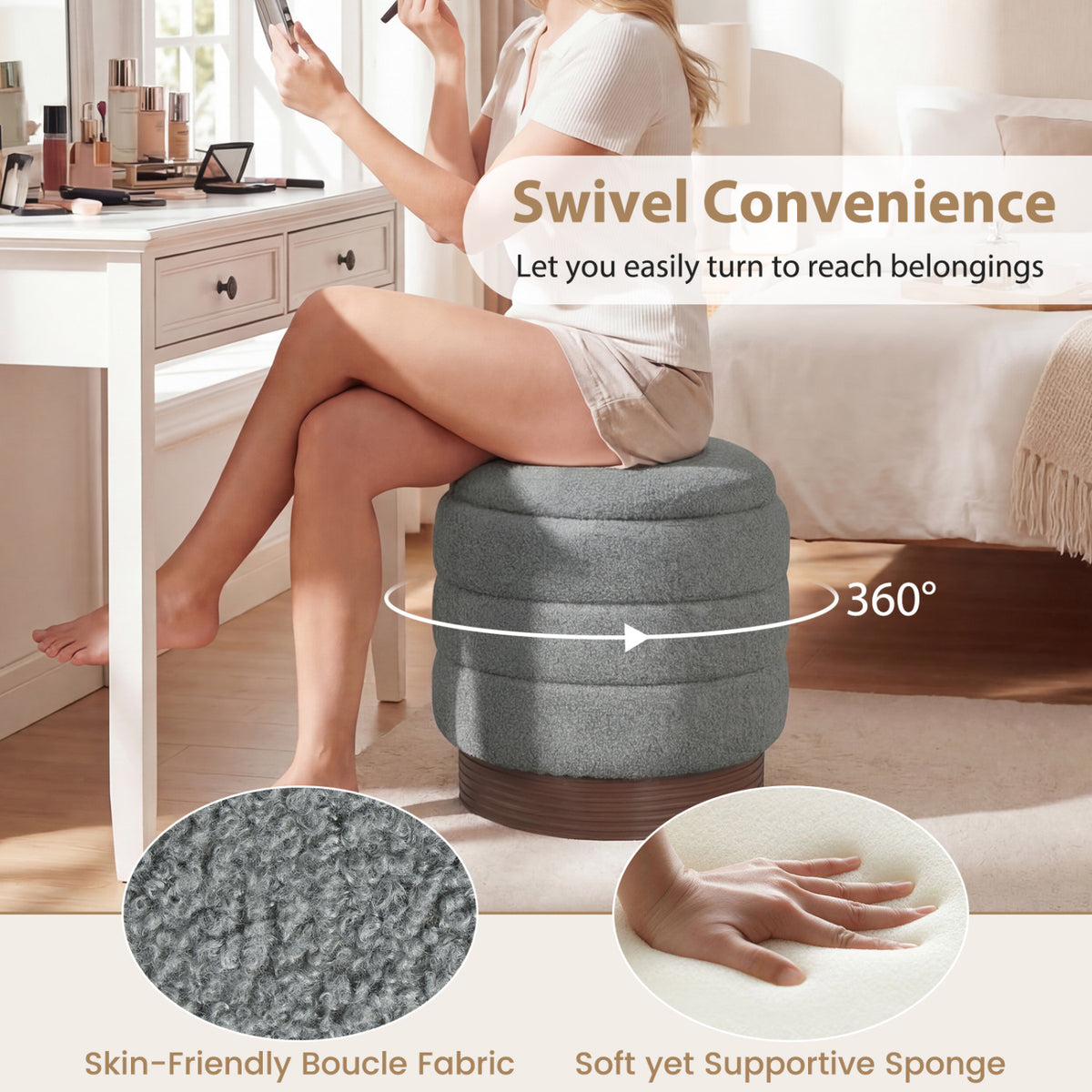 Round Storage Ottoman with Acacia Wood Frame for Living Room-Gray