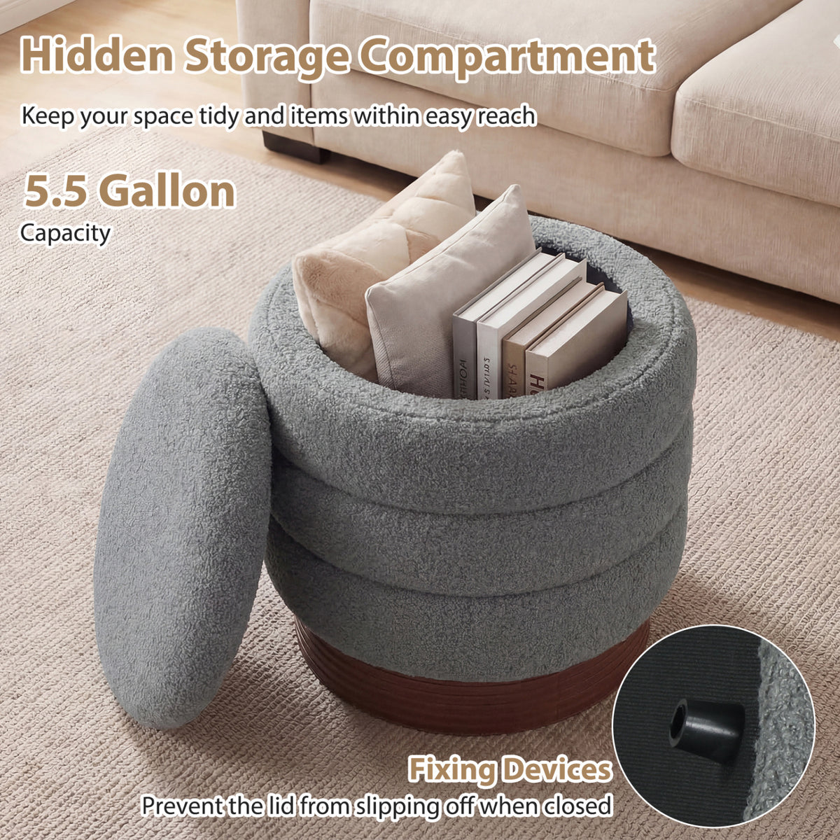 Round Storage Ottoman with Acacia Wood Frame for Living Room-Gray