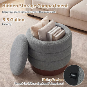 Round Storage Ottoman with Acacia Wood Frame for Living Room-Gray