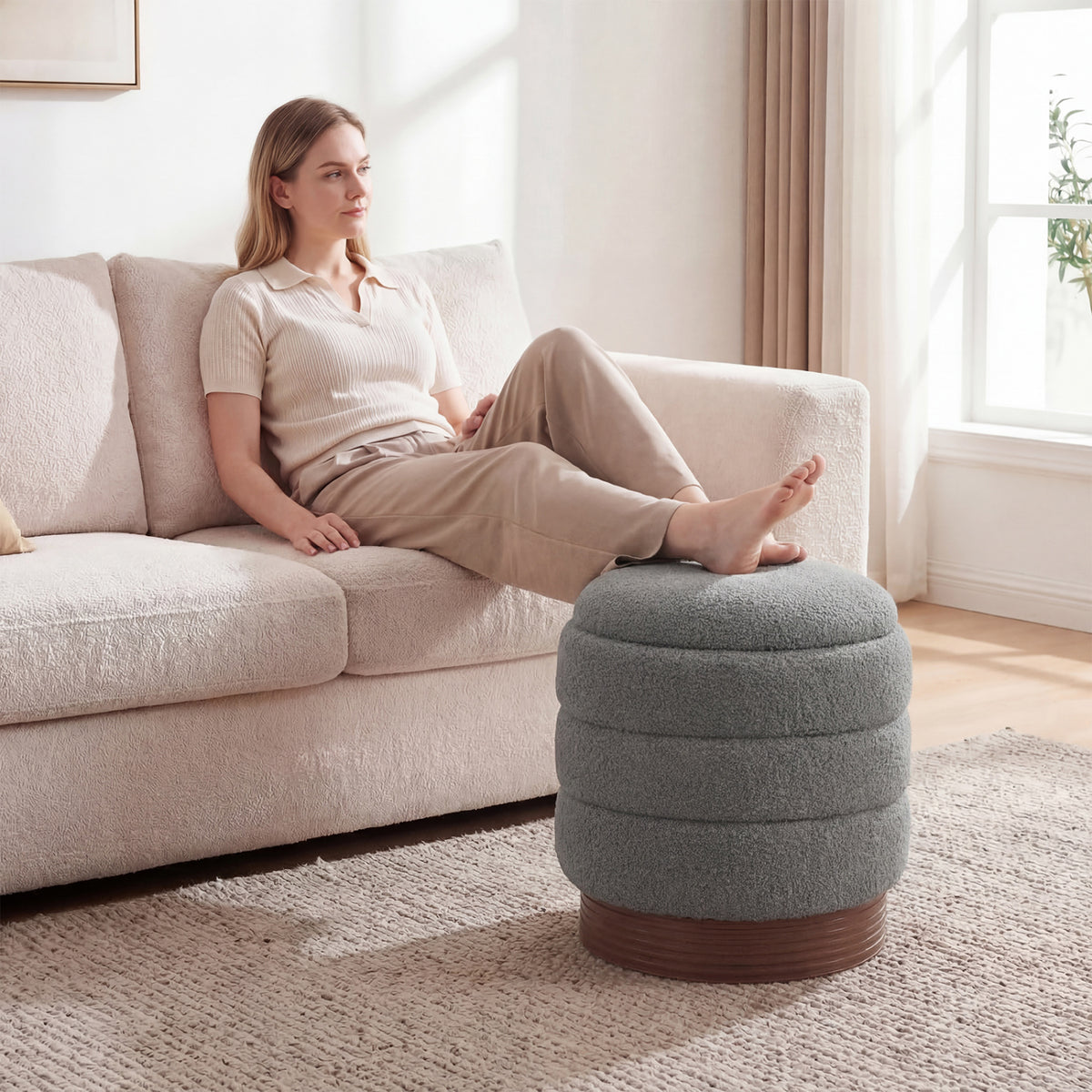 Round Storage Ottoman with Acacia Wood Frame for Living Room-Gray