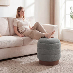 Round Storage Ottoman with Acacia Wood Frame for Living Room-Gray