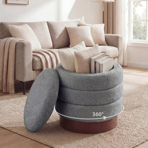 Round Storage Ottoman with Acacia Wood Frame for Living Room-Gray