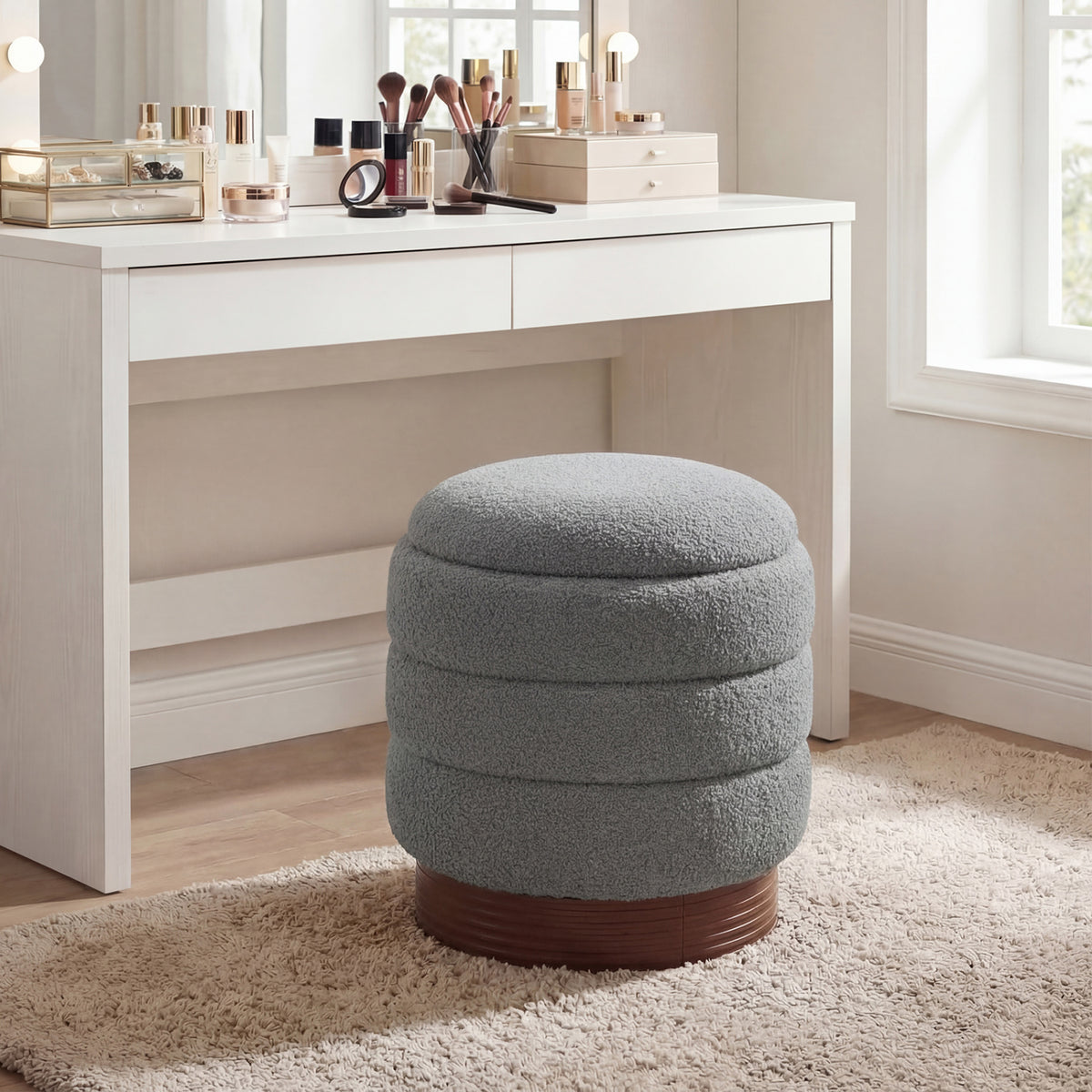 Round Storage Ottoman with Acacia Wood Frame for Living Room-Gray