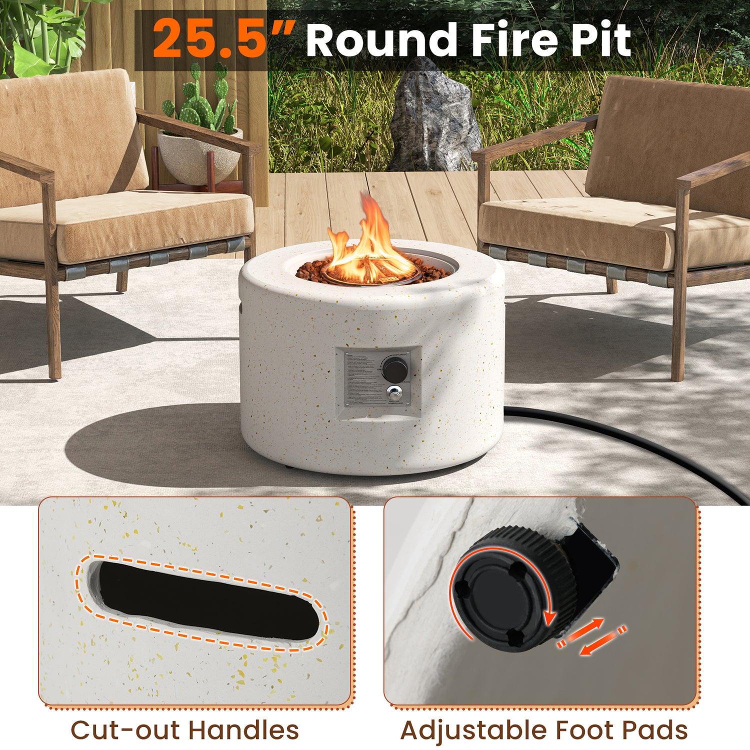 Round Terrazzo Propane Gas Fire Pit Protective PVC Cover  Lava Rocks Included