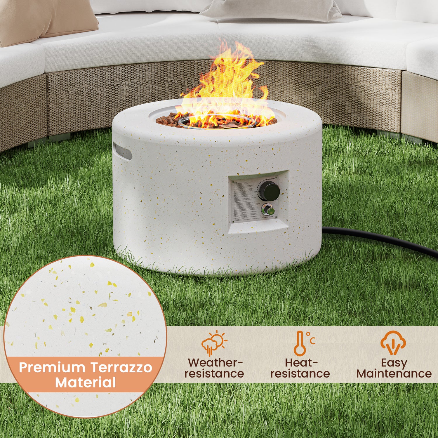 Round Terrazzo Propane Gas Fire Pit Protective PVC Cover  Lava Rocks Included